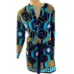 Tracy Negoshian Shirt Dress -M blue , green art op design , tie waist